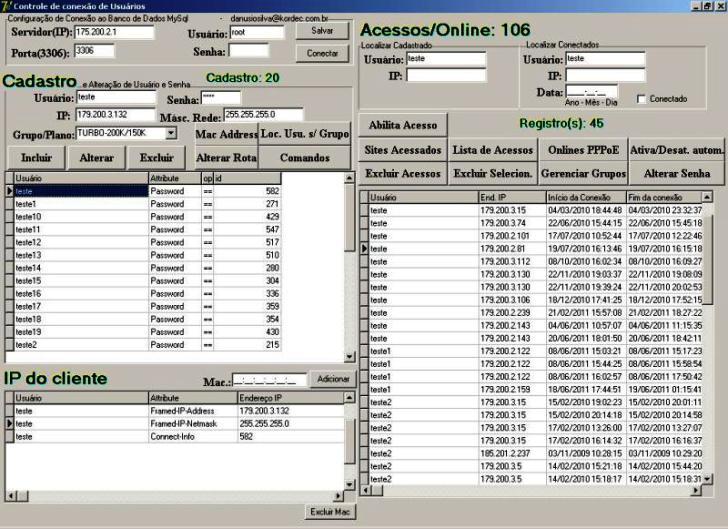 Controle de Clientes.
Define planos com velocidade Down/Up
Exibe mensagem de Atraso
Altera Login, Senha, Ip ou Plano
Consulta todas as conexões do cliente
Consulta Clientes Onlines
Tudo através do servidor radius e Autenticação Requerida do Mikrotik.