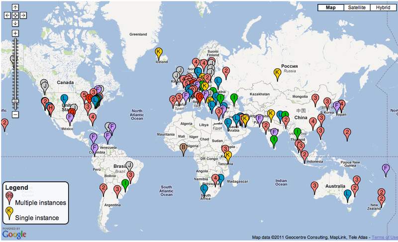 Mapa da distribuição dos root servers pelo mundo