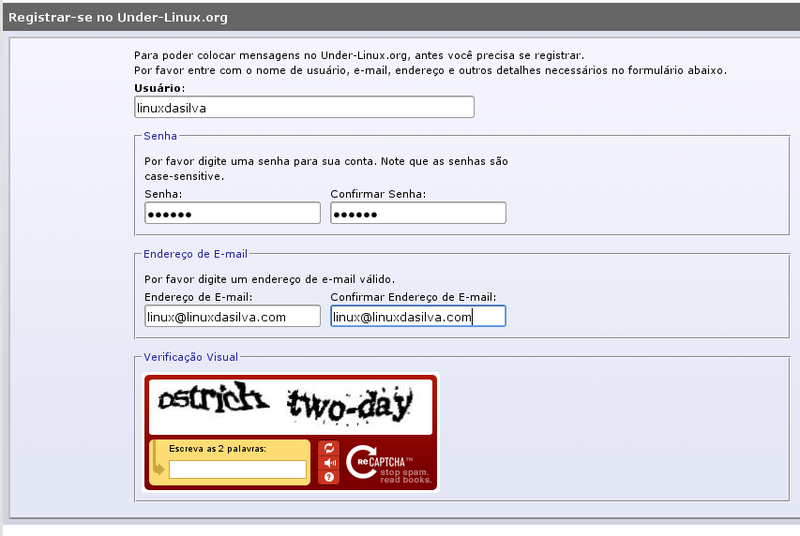 Cadastro do nome de usuário e senha no Portal under-Linux.