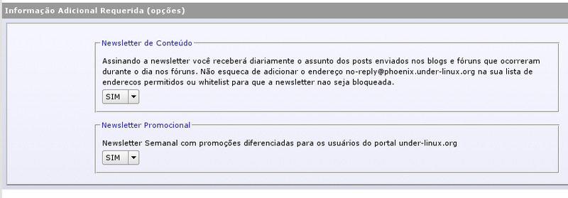 Campo de cadastro de usuário novo, apresentando a opção de newsletters do Portal pré-marcadas como SIM.