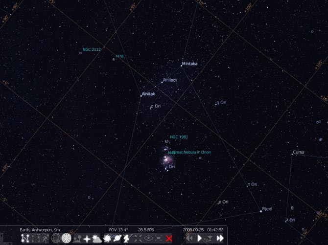 O Stellarium em a%u00E7%u00E3o mostrando algumas nebulosas pr%u00F3ximas a constela%u00E7%u00E3o de %u00D3rion.