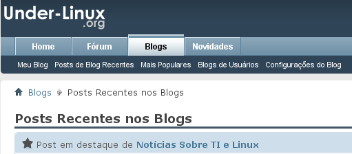 Menu principal "Blogs", com sub-item "Seu Blog" que permite acesso ao usuário logado ao seu Blog no Portal under-Linux.