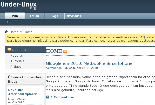 Caixa de texto amarela com informações úteis para novos usuários que ainda não possuam conta no Portal Under-Linux.