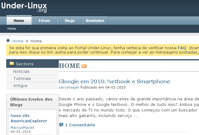 Caixa de texto amarela com informa%u00E7%u00F5es %u00FAteis para visitantes que ainda n%u00E3o possuam conta de usu%u00E1rio no Portal Under-Linux, mas desejem cri%u00E1-las.