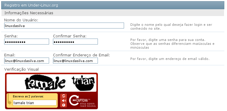 Campos de preenchimento obrigat%u00F3rio de nome de usu%u00E1rio, senha, e a confirma%u00E7%u00E3o via reCAPTCHA.