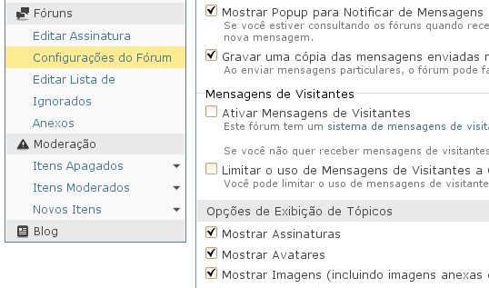 Sub-item de menu "Configurações do Fórum" no item principal "Fóruns". É nesse item que você verá a opção de configuração das newsletters do Under-Linux: a Diária e a Promocional.